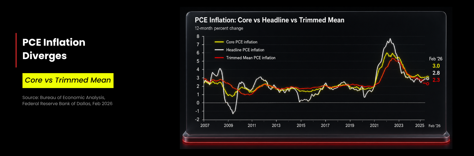 Core, headline and trimmed mean PCE inflation chart from 2007 to 2026